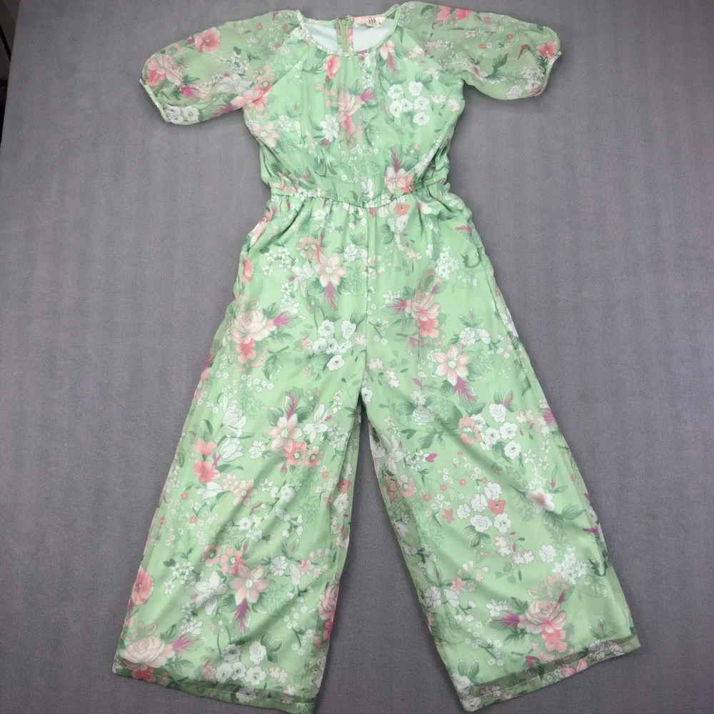 AND Floral Jumpsuit Size 11-12 Yrs Green Wide Leg Flutter Sleeve Romper